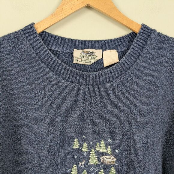 Pullover Sweater Mens L Blue Vintage 90s Embroider Snow Dad Cabin Ski Holiday - Picture 6 of 11